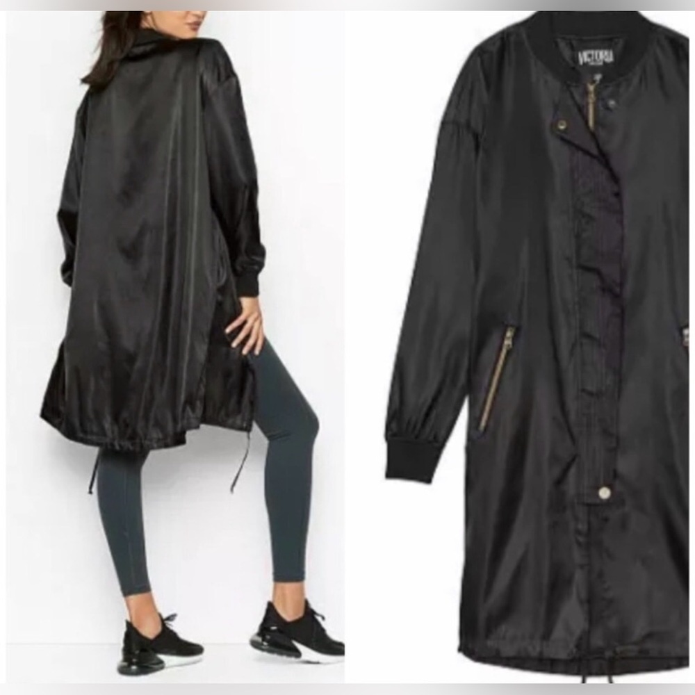 Victoria Sport Black Long Bomber Jacket Zip Front Drawstring Hem Size Large